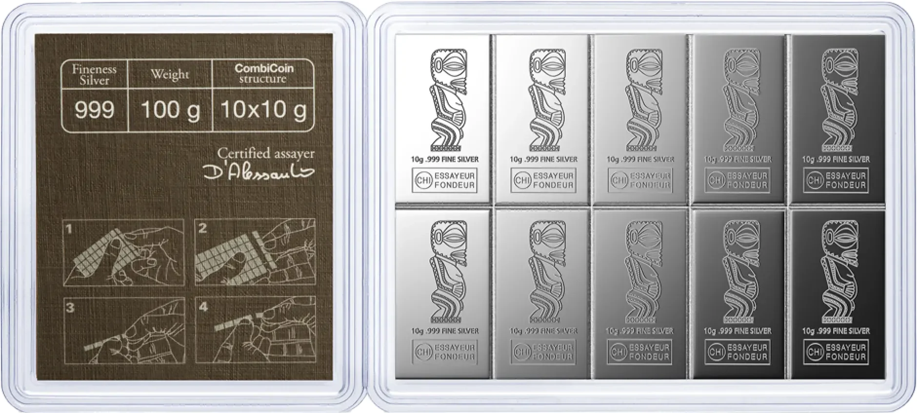 מטיל כסף 100 גרם (10 × 10 גרם) .999 — Valcambi CombiCoin